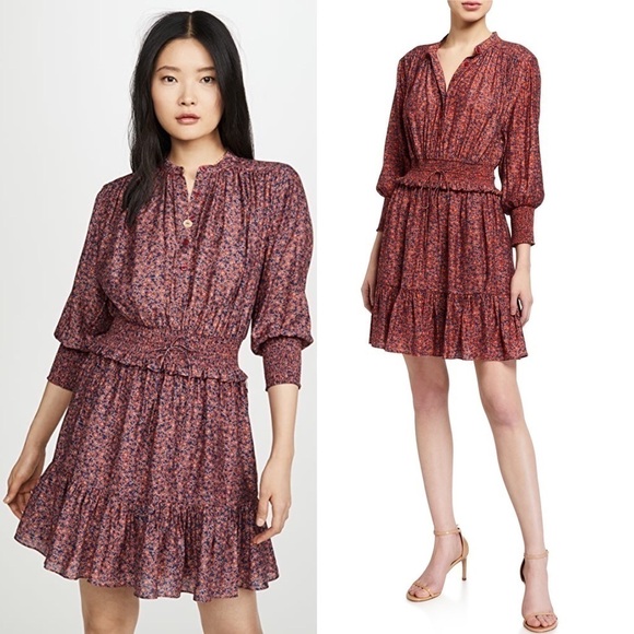 REBECCA MINKOFF Ruffle Hem Smocked Tie Waist Long Puff Sleeve Floral Dress XXL - Picture 4 of 14